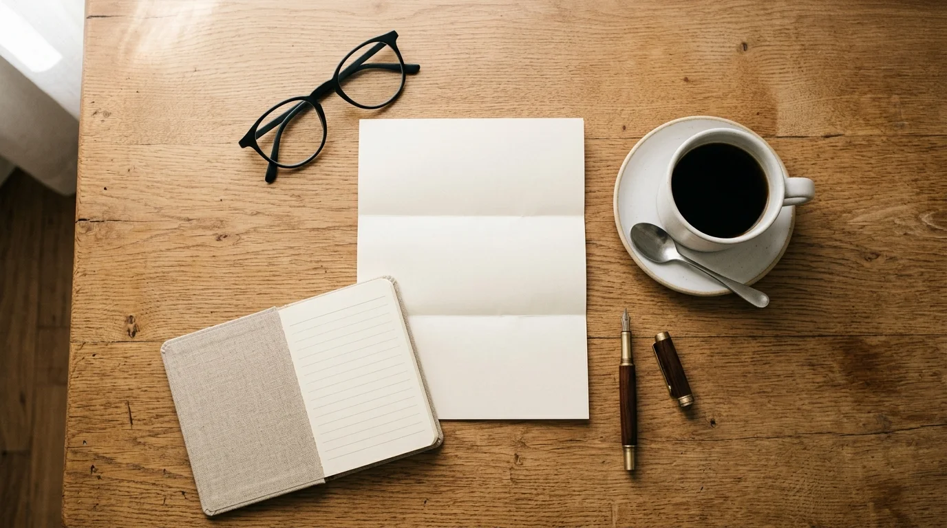 Dokumente, Lesebrille, Kaffeetasse und Füllfederhalter auf einem Holzschreibtisch, ruhige Morgenstimmung