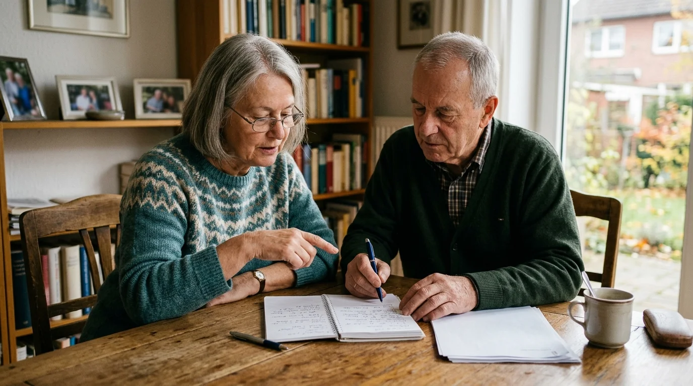 Seniorenpaar mit Notizblock und Stift an einem Schreibtisch, ruhige Nachmittagsstimmung
