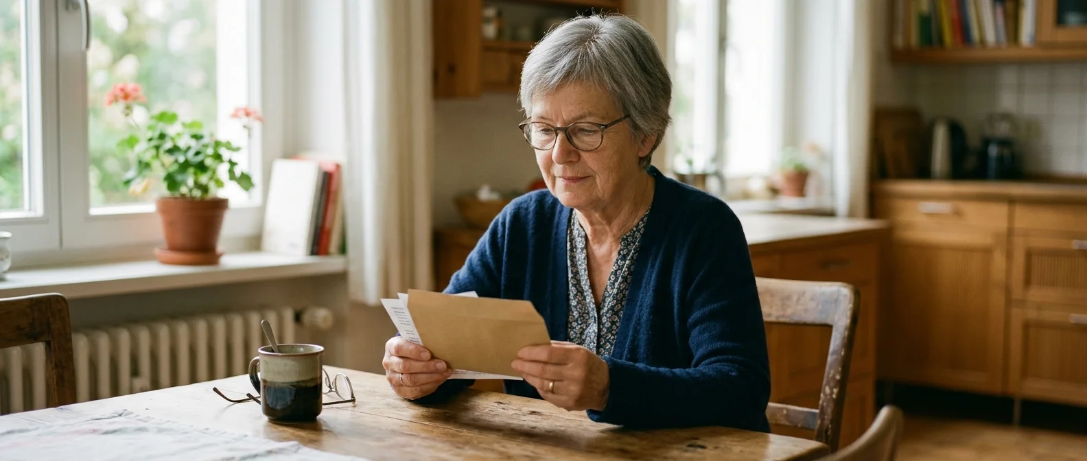 Aufgeräumter Küchentisch mit Dokumenten, einer Lesebrille und einer Tasse Kaffee, ruhige Morgenstimmung